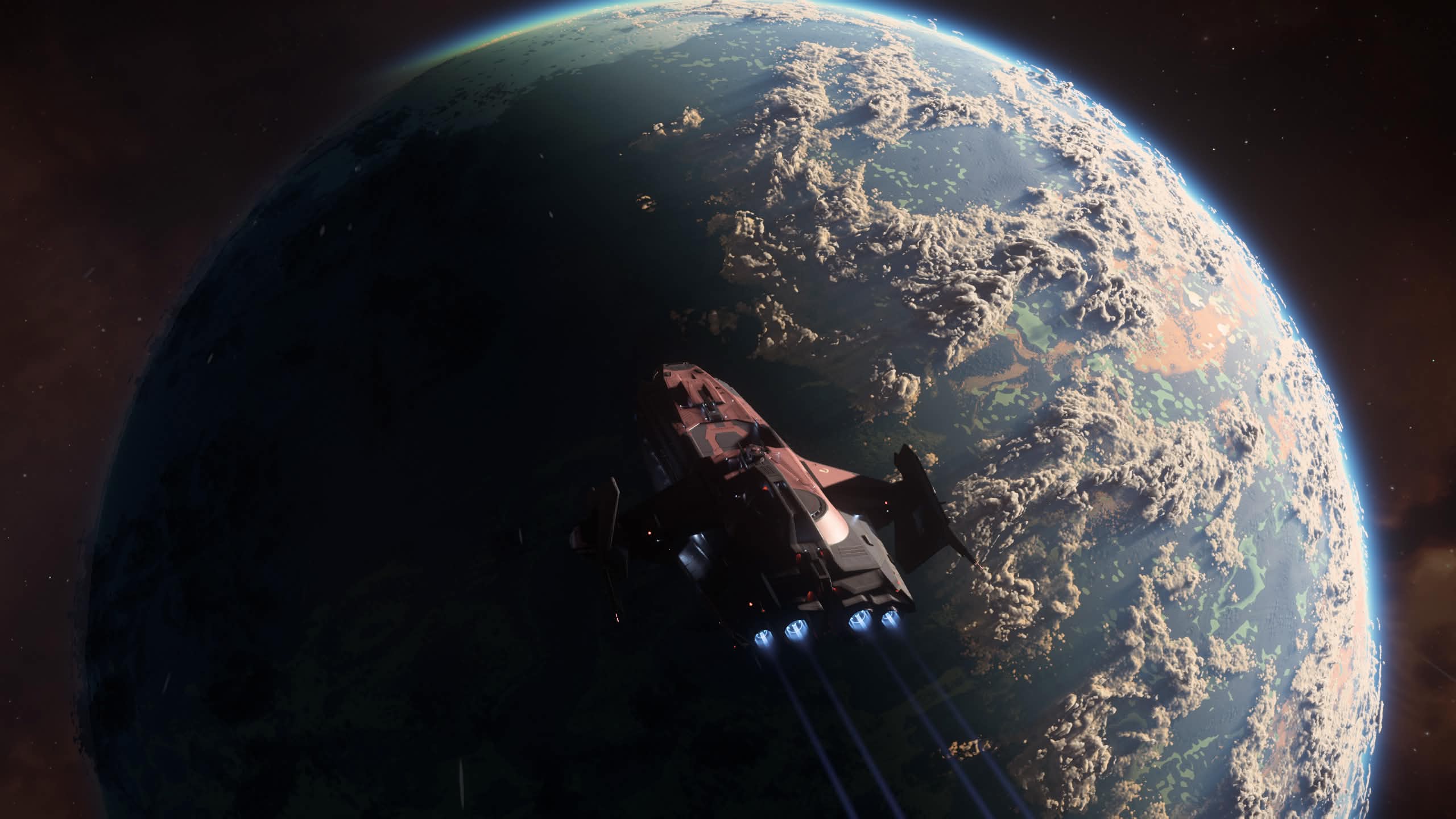 Small craft approaching a blue planet